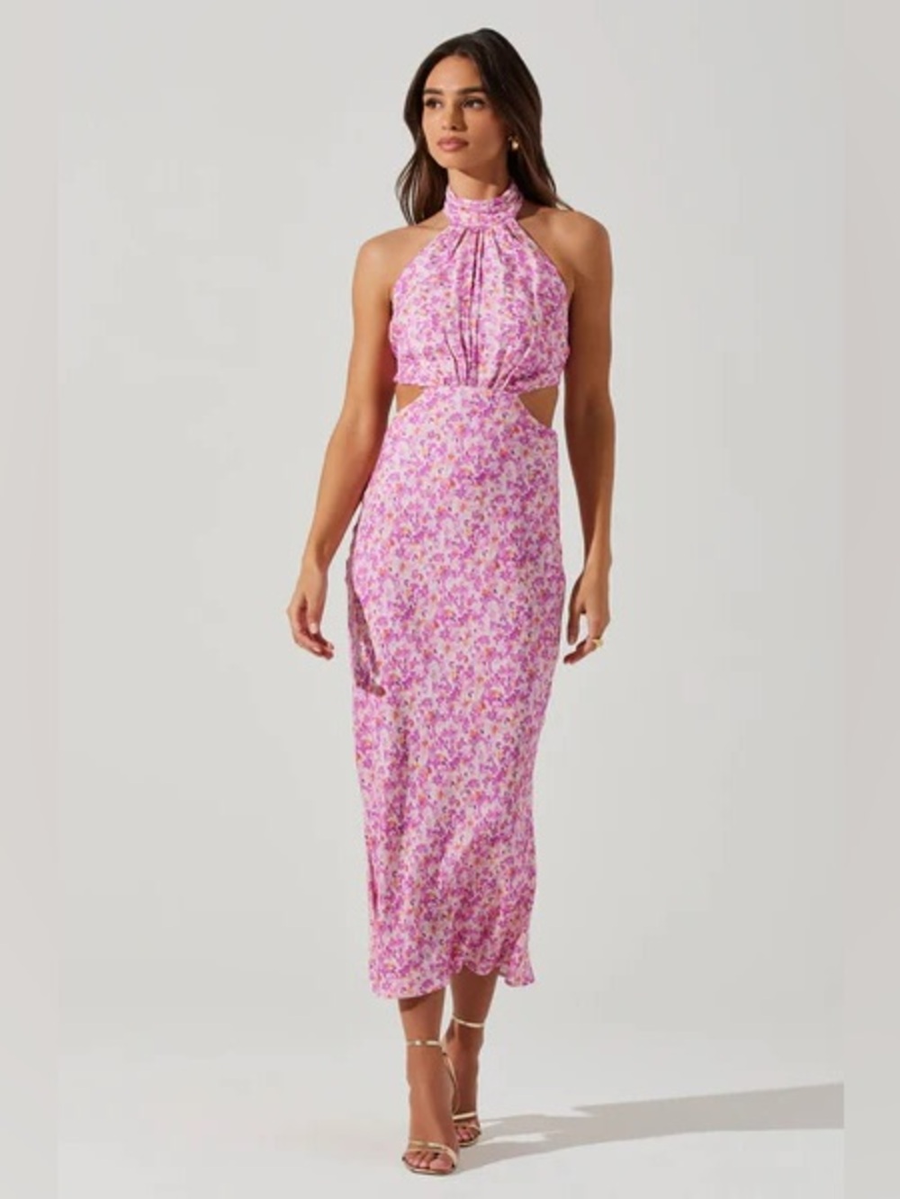 ASTR Ambretta Cutout High Neck Midi Dress w/ Cutouts - Lilac Multi Floral